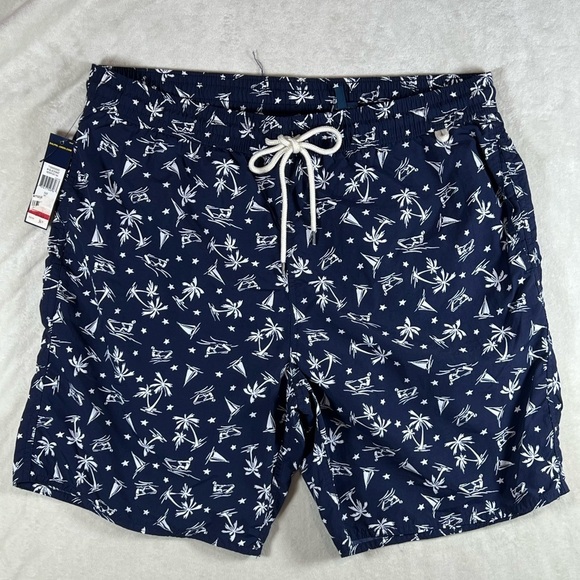 NWT Polo Ralph Lauren XL Blue and White Swim Trunks All Over Print Design Ski